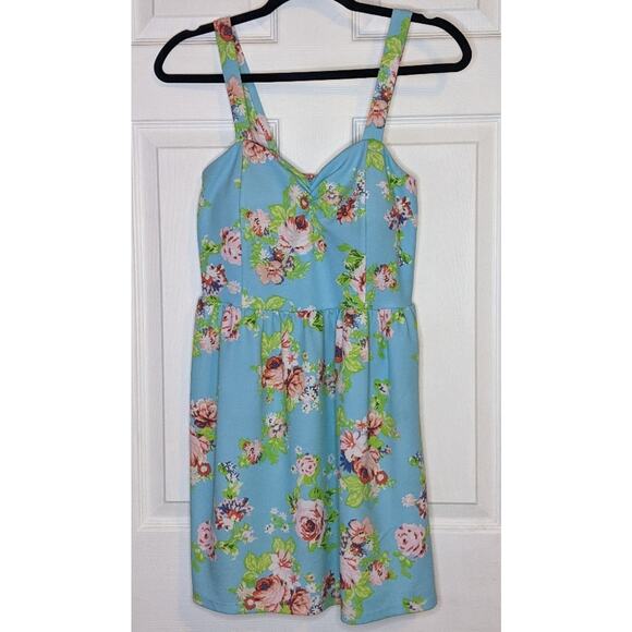 No Boundaries Spring Blue Pink Floral Roses Padded Juniors Strap Dress L 11-13 - Picture 2 of 16